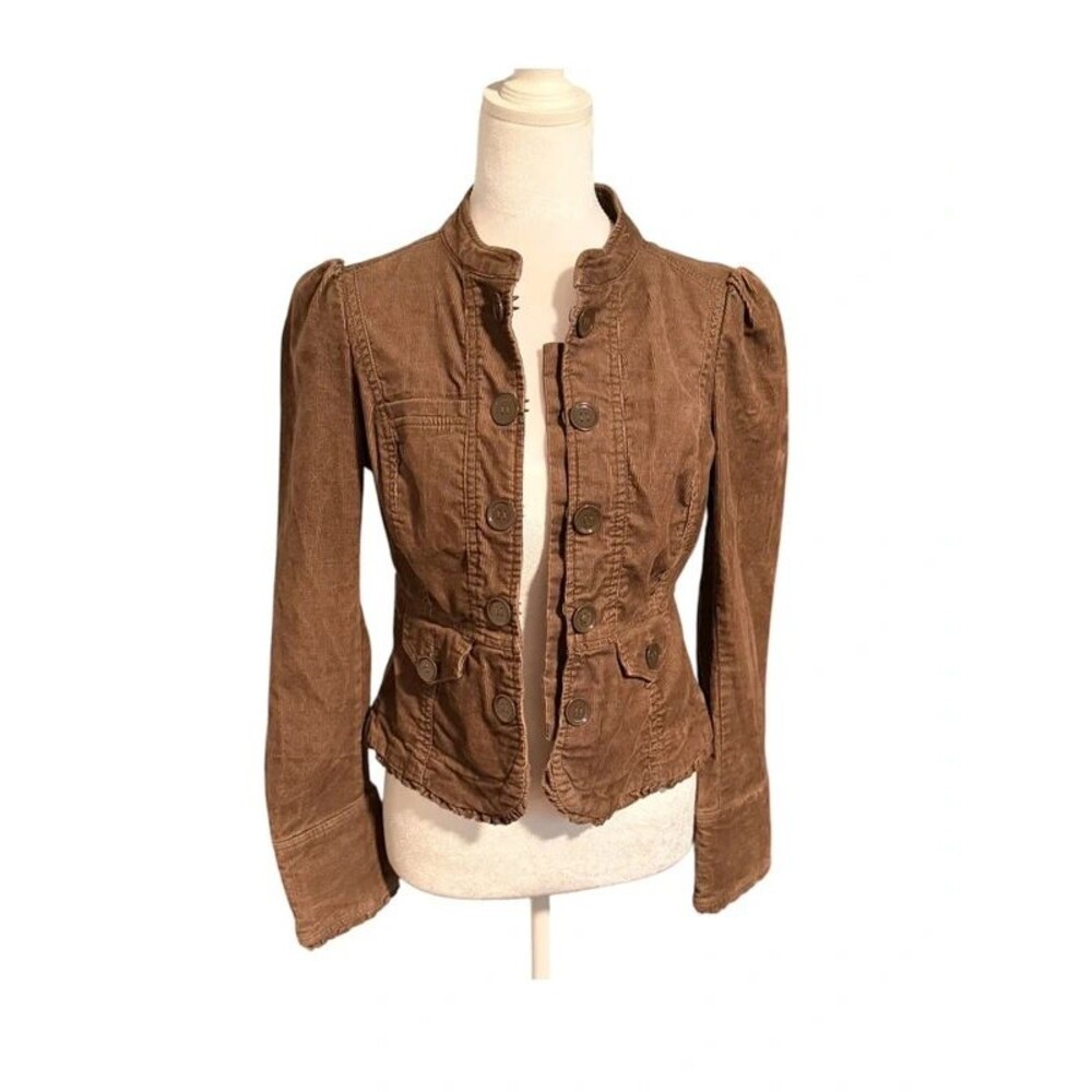 Brown Corduroy Puff Sleeve Military Jacket